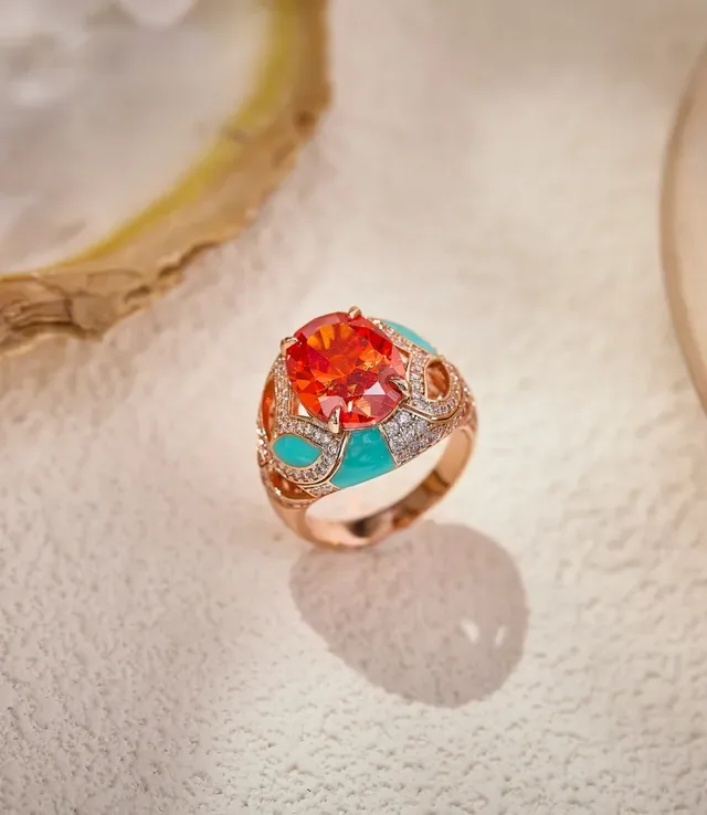Ornate Red and Turquoise Pavé-Set Sculptural Ring 4