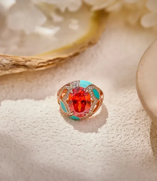 Ornate Red and Turquoise Pavé-Set Sculptural Ring 5