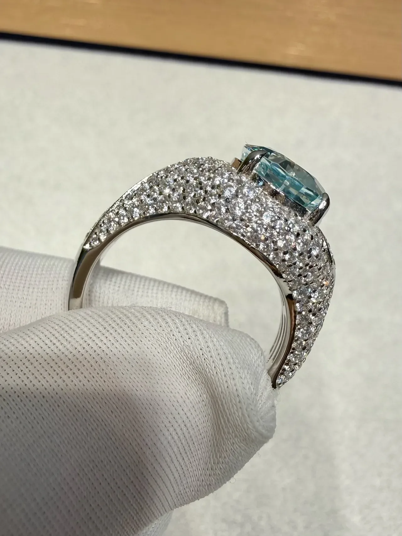 Oval Aqua Gemstone Pavé Halo Ring 5