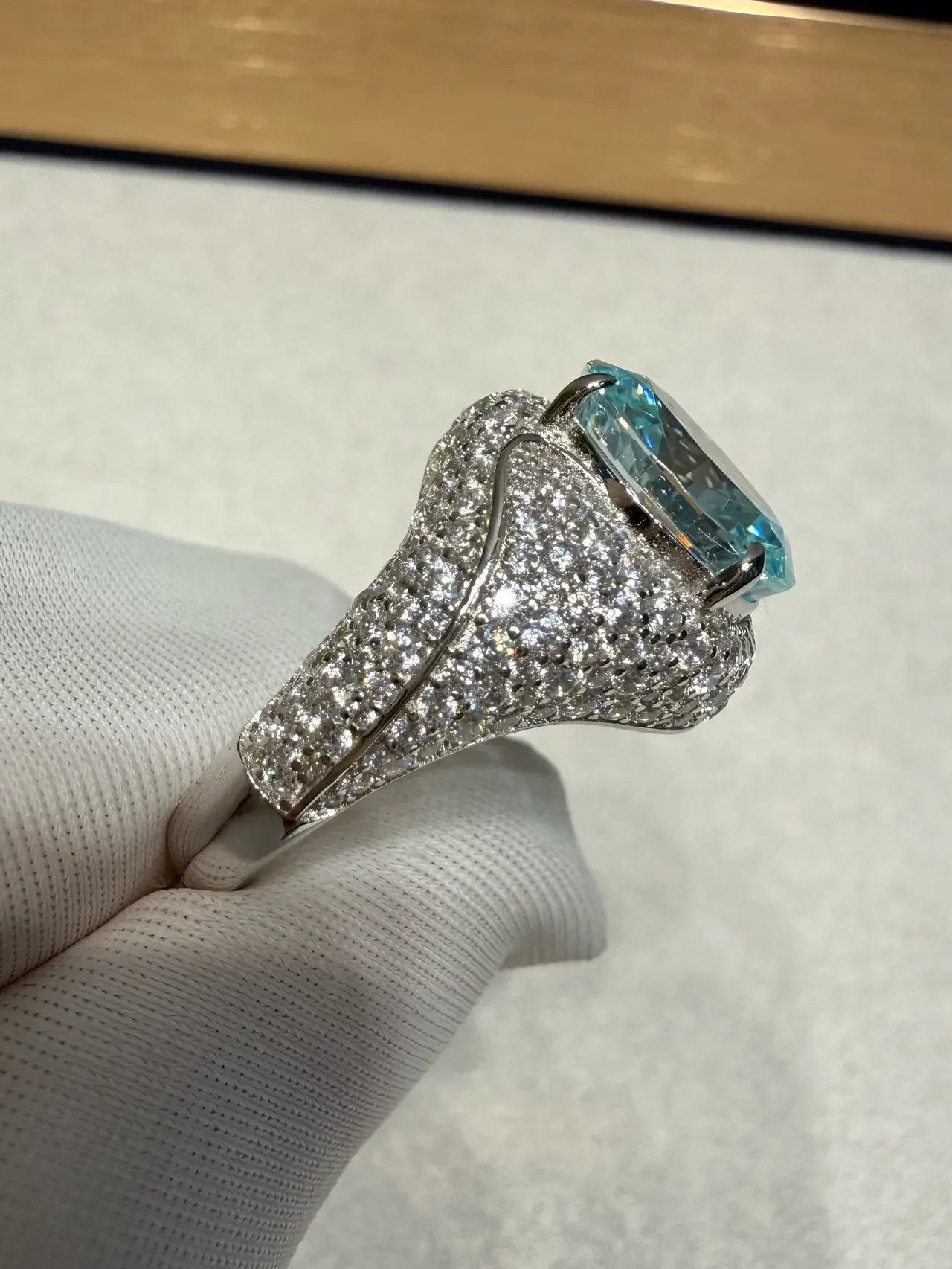 Oval Aqua Gemstone Pavé Halo Ring 6