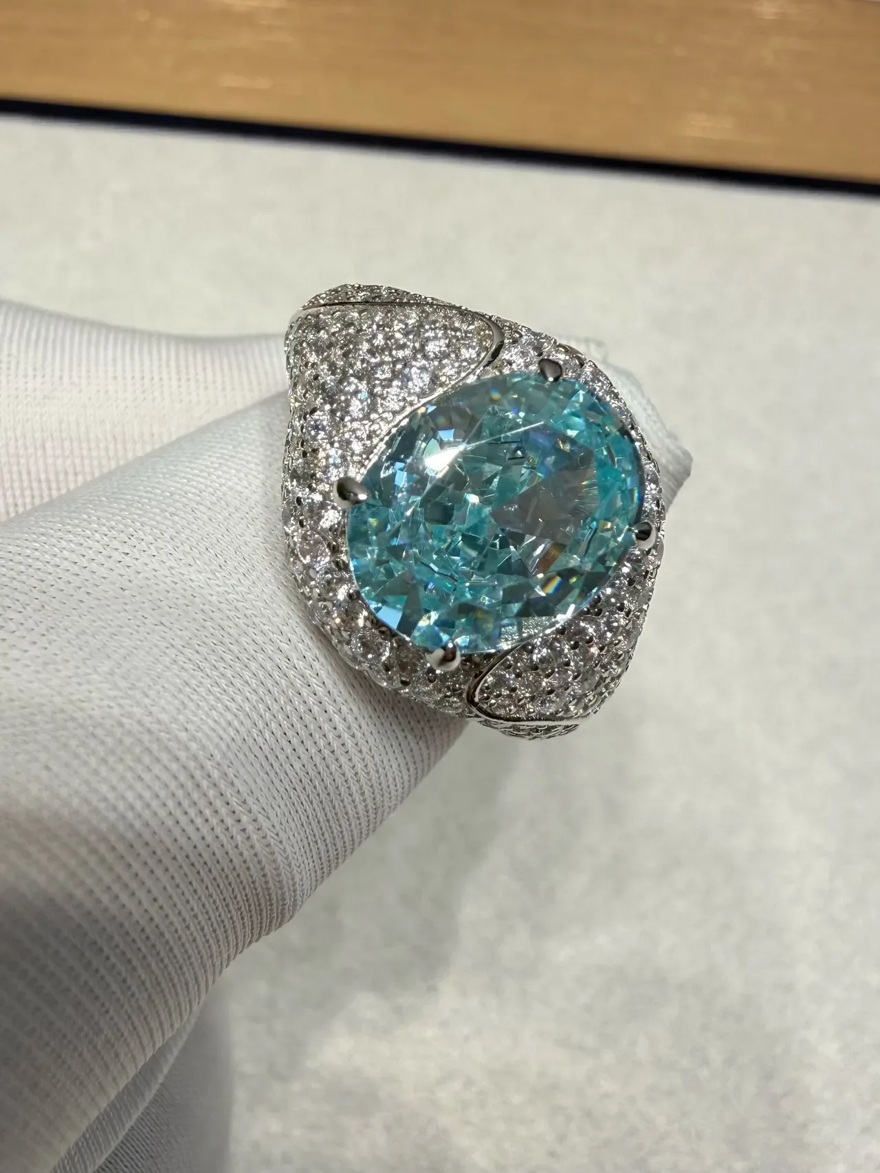 Oval Aqua Gemstone Pavé Halo Ring 7