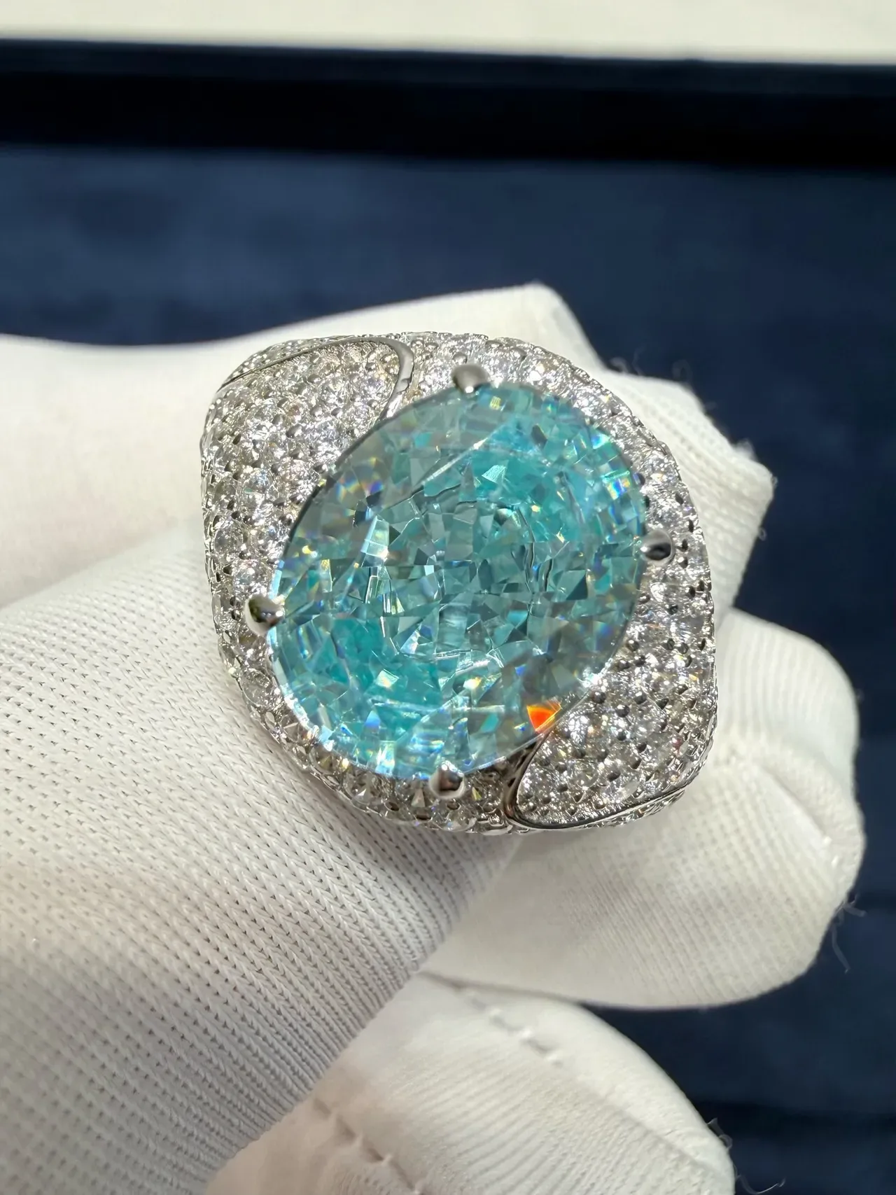 Oval Aqua Gemstone Pavé Halo Ring 8