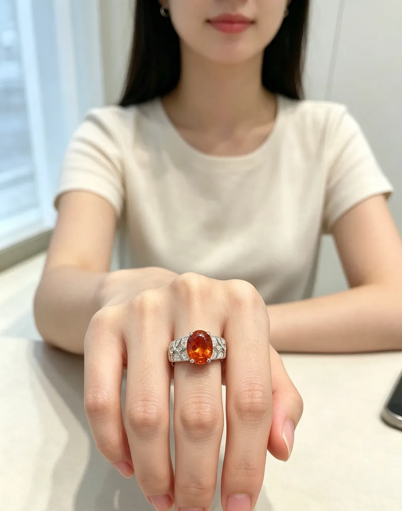Oval Orange Gemstone Pavé Diamond Accent Ring 2