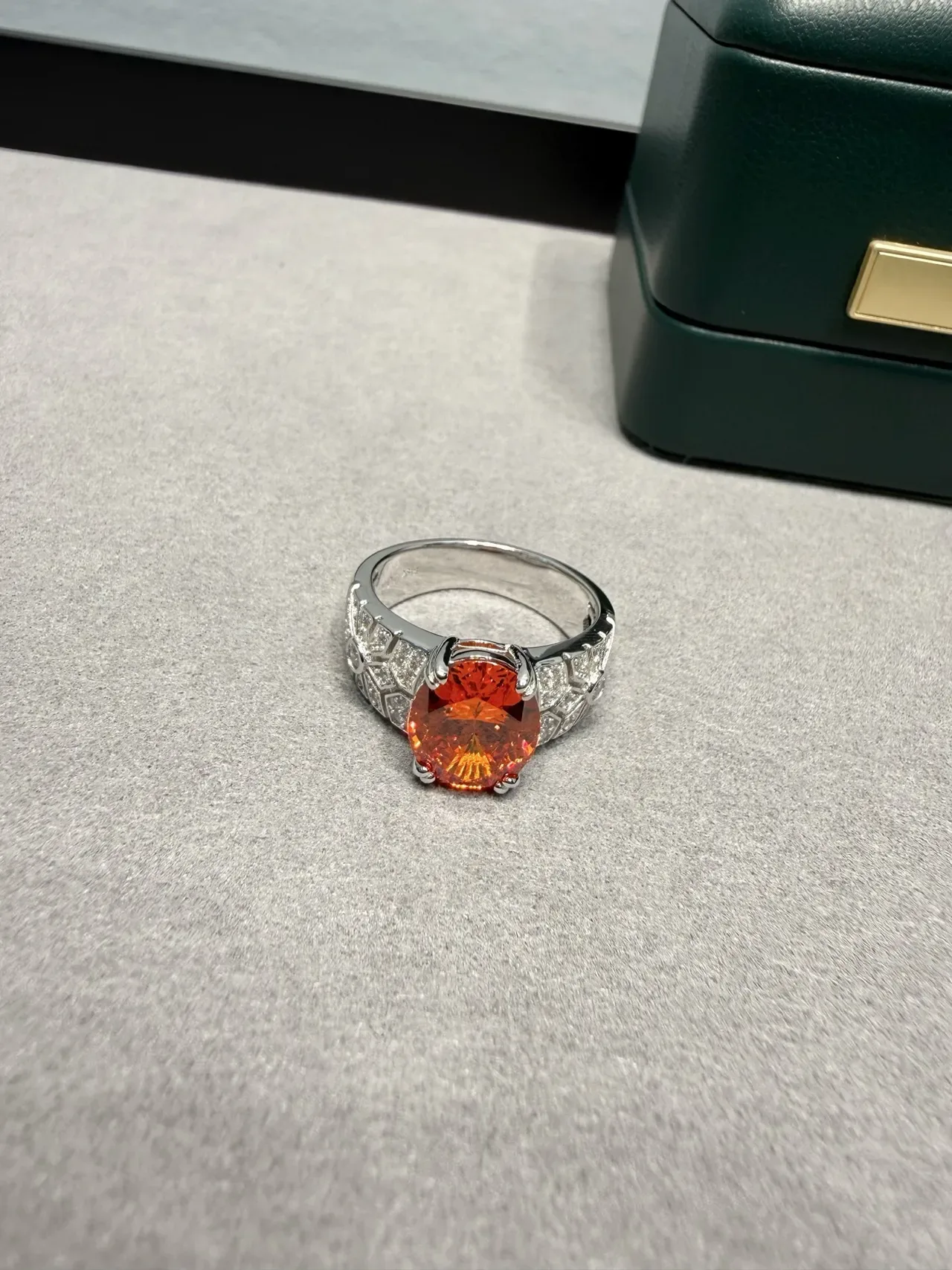 Oval Orange Gemstone Pavé Diamond Accent Ring 8