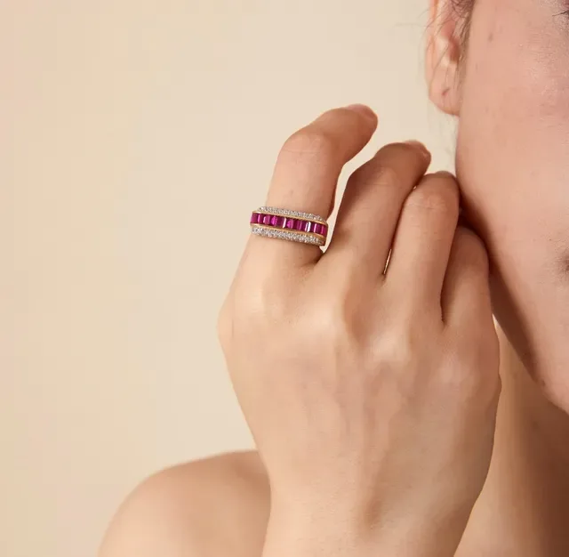 Pink Gold Channel-Set Rectangular Rubies Pavé Diamond Borders Ring 8