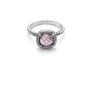 粉色银色 Cushion-Cut 中央宝石 Pavé Halo 戒指