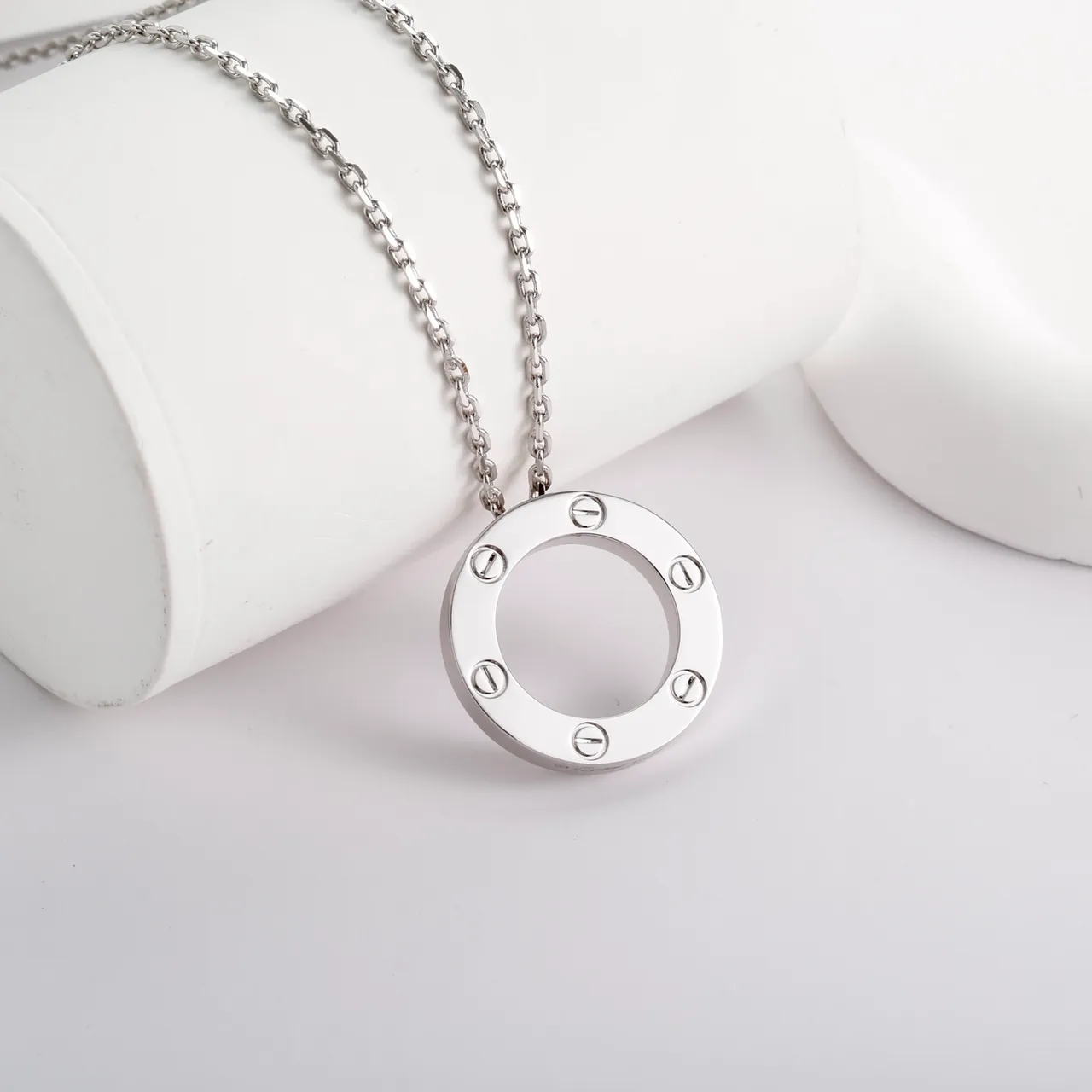 Polished Silver Circular Screw-Accent Pendant Necklace 7