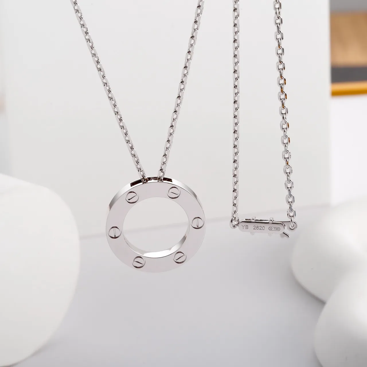 Polished Silver Circular Screw-Accent Pendant Necklace 8