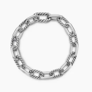 Pulsera de Cadena de Plata Pulida con Eslabones Ovalados y Trenzados de Cuerda