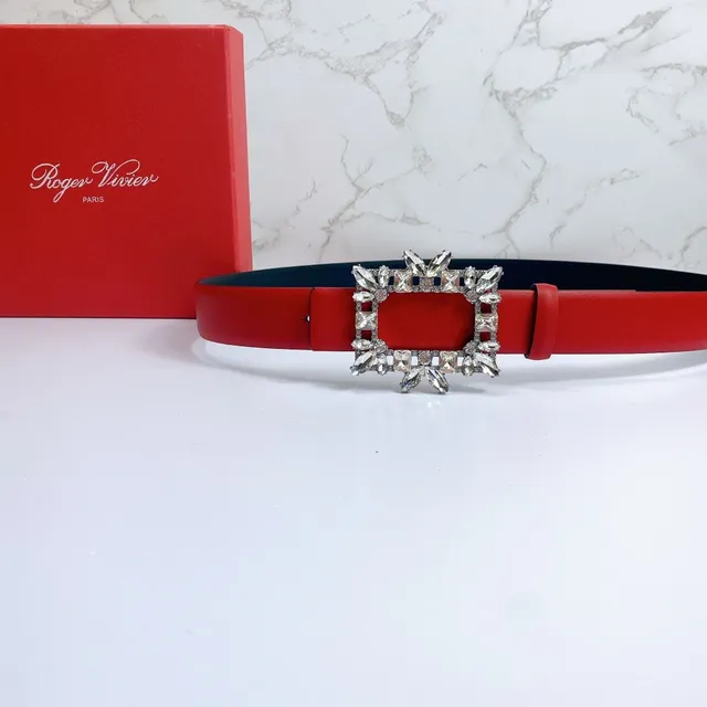 Red Crystal-Embellished Rectangular Buckle Leather Belt 3