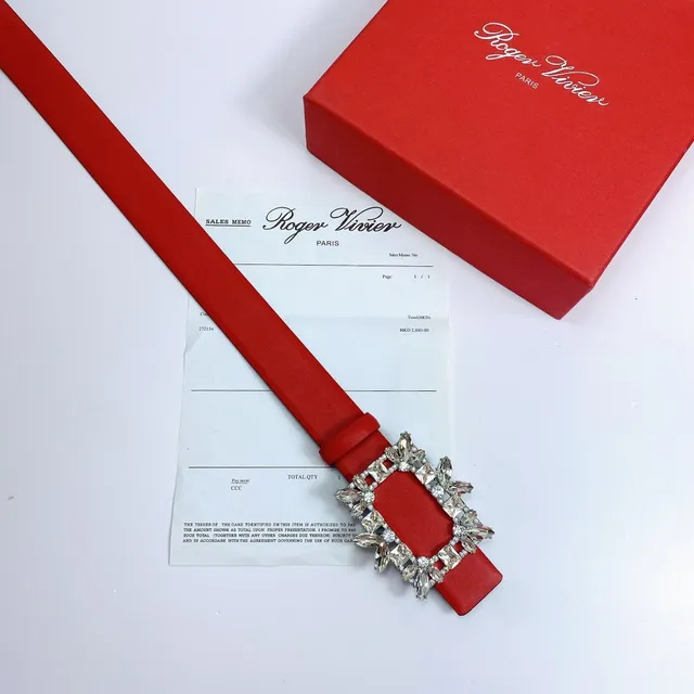 Red Crystal-Embellished Rectangular Buckle Leather Belt 5