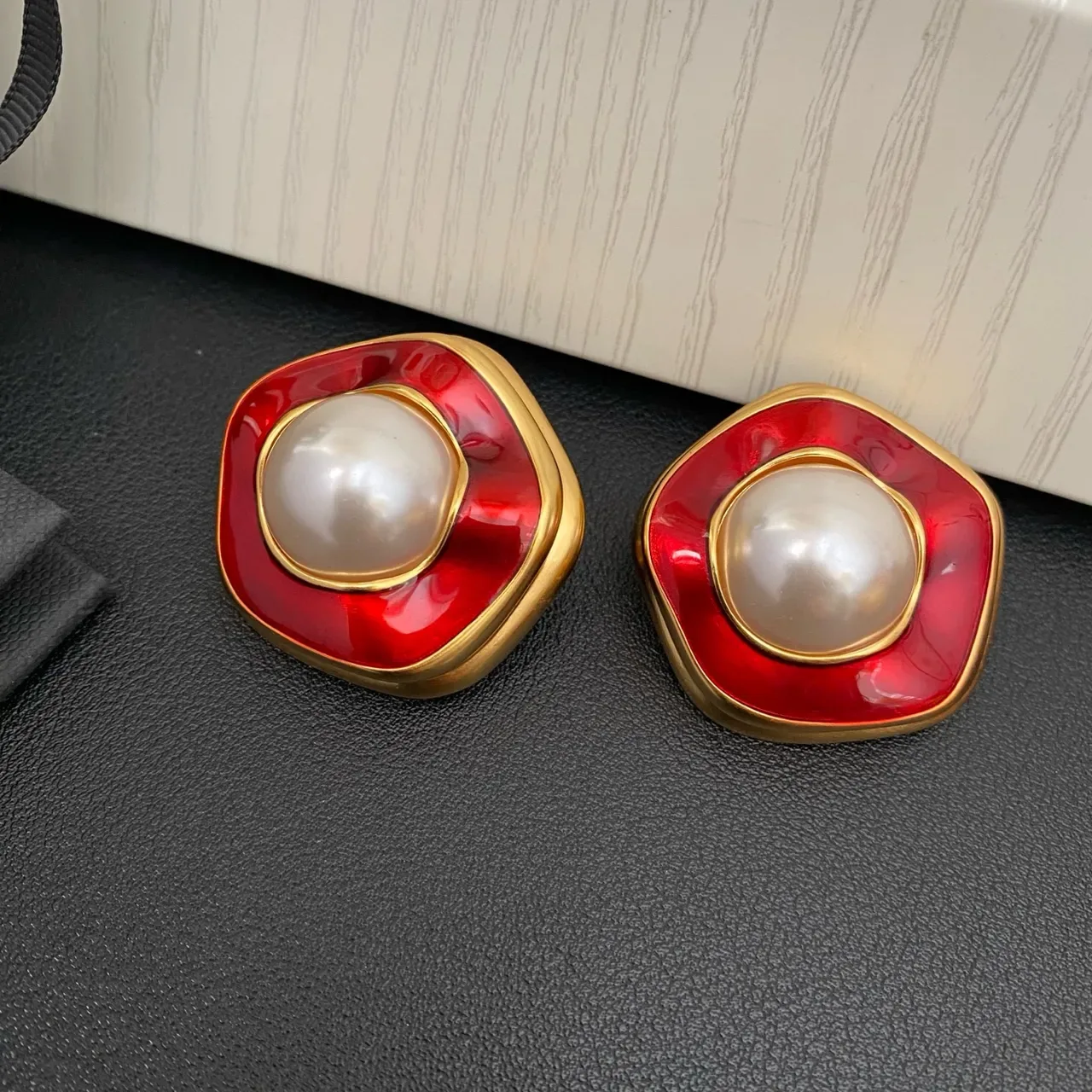 Red Enamel and Pearl Stud Earrings 5