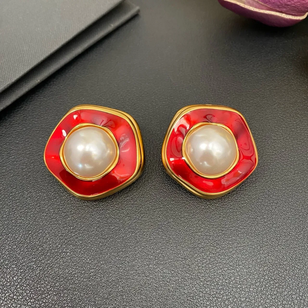 Red Enamel and Pearl Stud Earrings 9