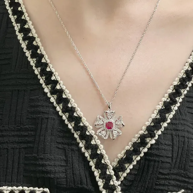 Red Silver Floral Pendant Central Square-Cut Gemstone Necklace 9