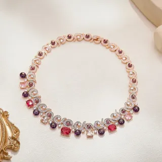 Collier Or Rose Motif Scroll Multi-Gemmes Pavé Diamant