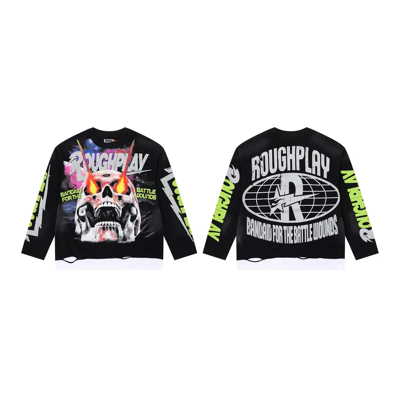ROUGHPLAY Top de manga longa com estampado gráfico e barra distressed 2