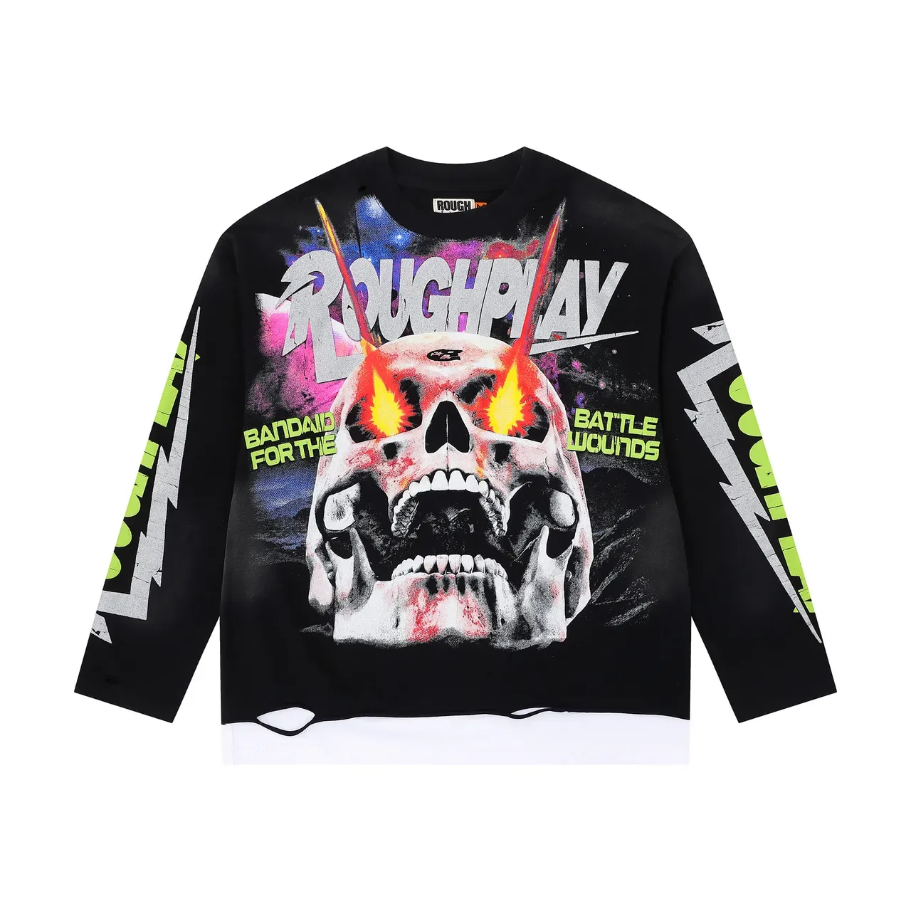 ROUGHPLAY Top de manga longa com estampado gráfico e barra distressed 3