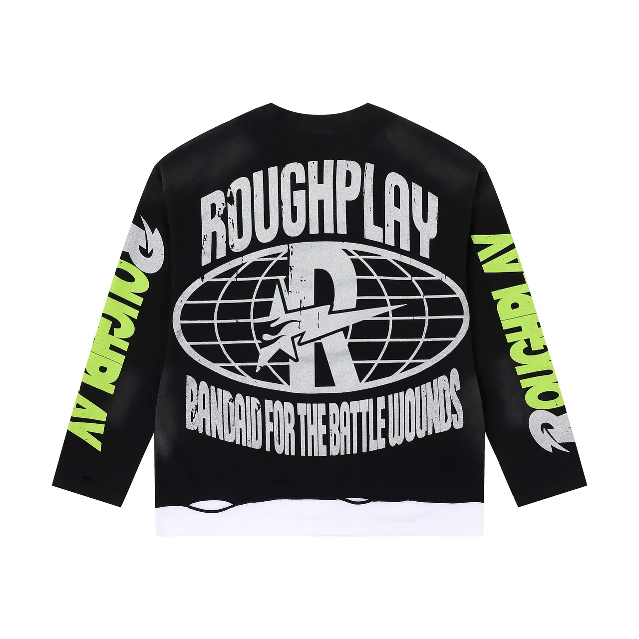 ROUGHPLAY Top de manga longa com estampado gráfico e barra distressed 4