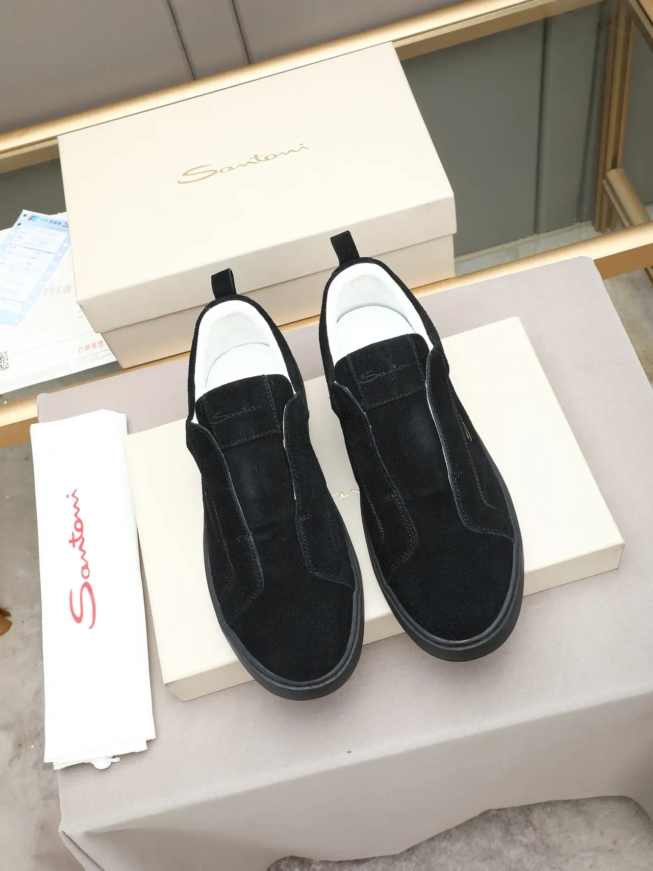 Santoni Sneakers Lifestyle Daim Noir Orange Slip-On Construction 2