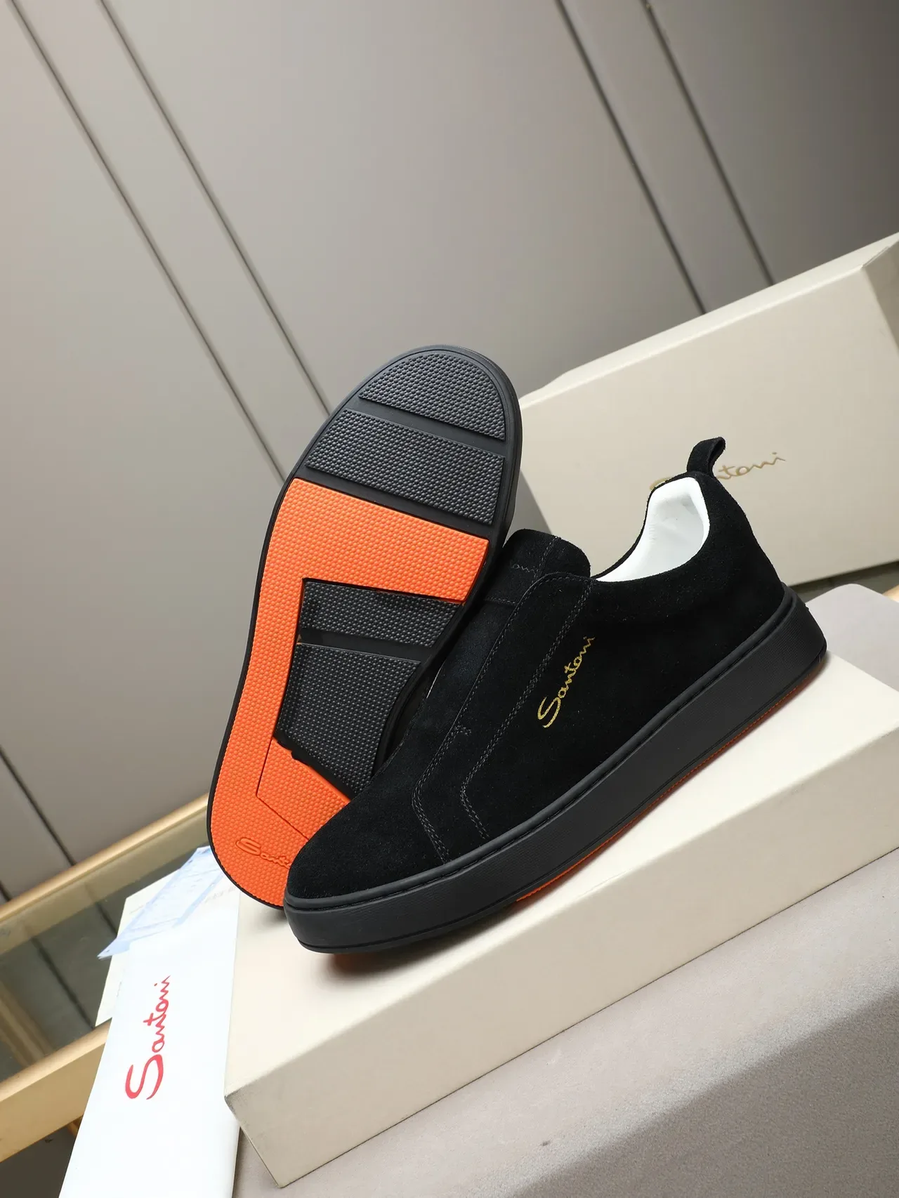 Santoni Sneakers Lifestyle Daim Noir Orange Slip-On Construction 4