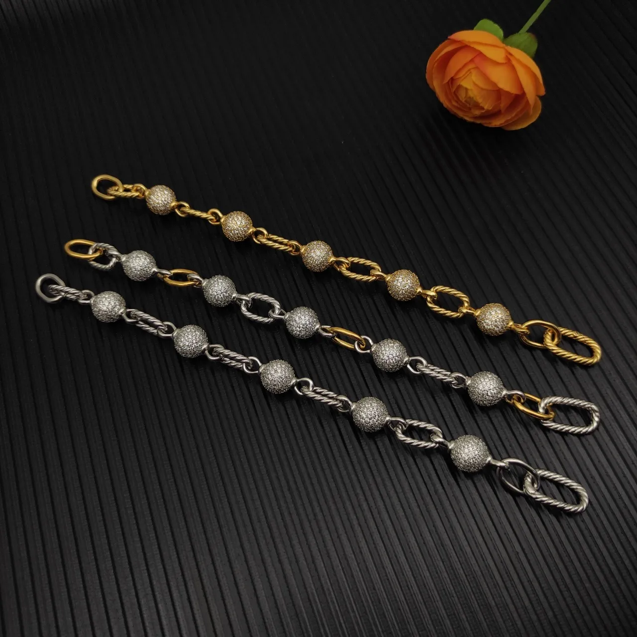 Silver and Gold Tone Textured Bead Twisted Link Bracelets 3