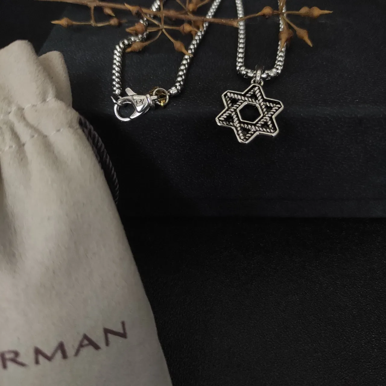Silver Black Box Chain Star Of David Pendant Necklace 4