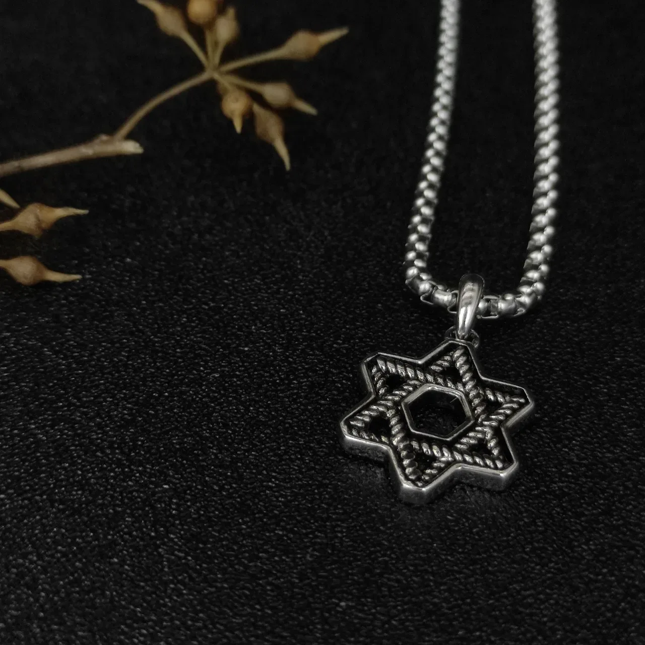Silver Black Box Chain Star Of David Pendant Necklace 9