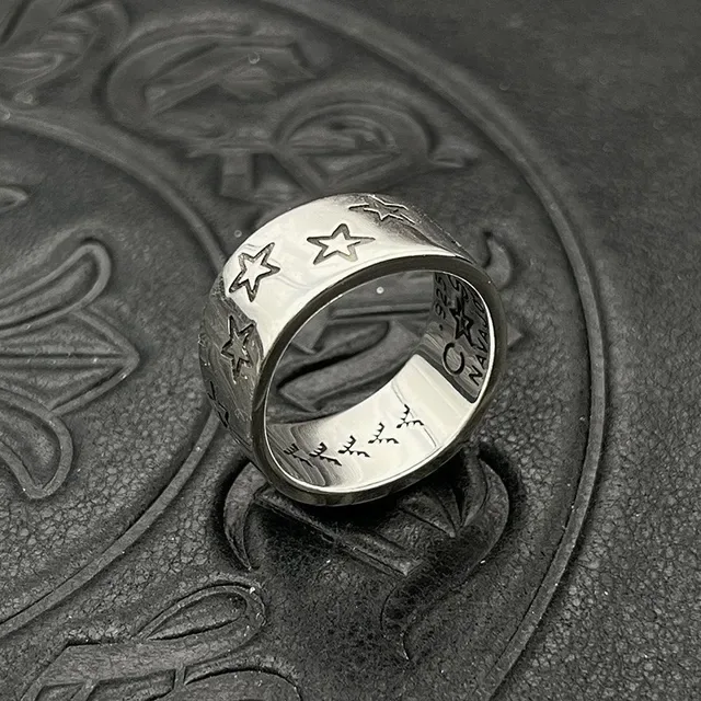 Silver Black Wide Band Engraved Star Motifs Ring 5