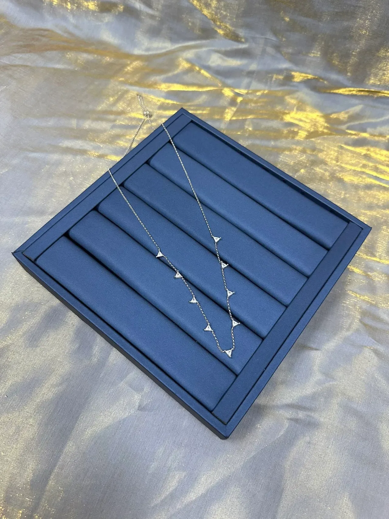 Silver Blue Chain Triangular Pavé Pendants Necklace 6
