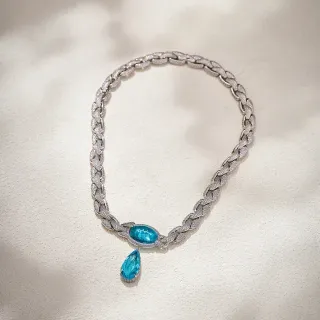 Collier Chaîne Tressée Chunky Argent Bleu Pierres Pavé-Set