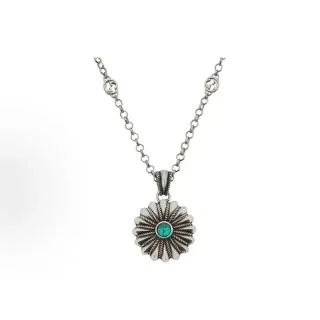 Collier argenté bleu floral pendentif sunburst avec rayons texturés en corde