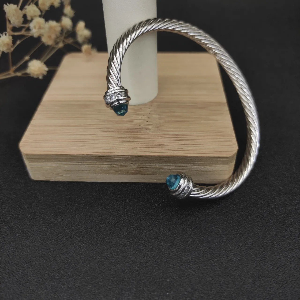 Silver Blue Twisted Cable Faceted Gemstone Ends Bracelet 5