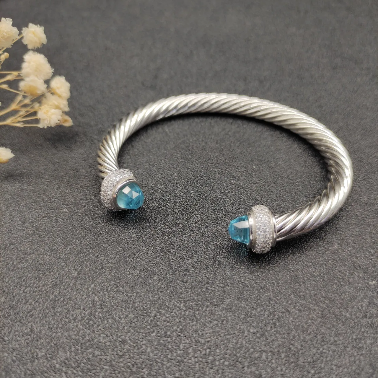 Silver Blue Twisted Cable Faceted Gemstone Terminals Bracelet 6