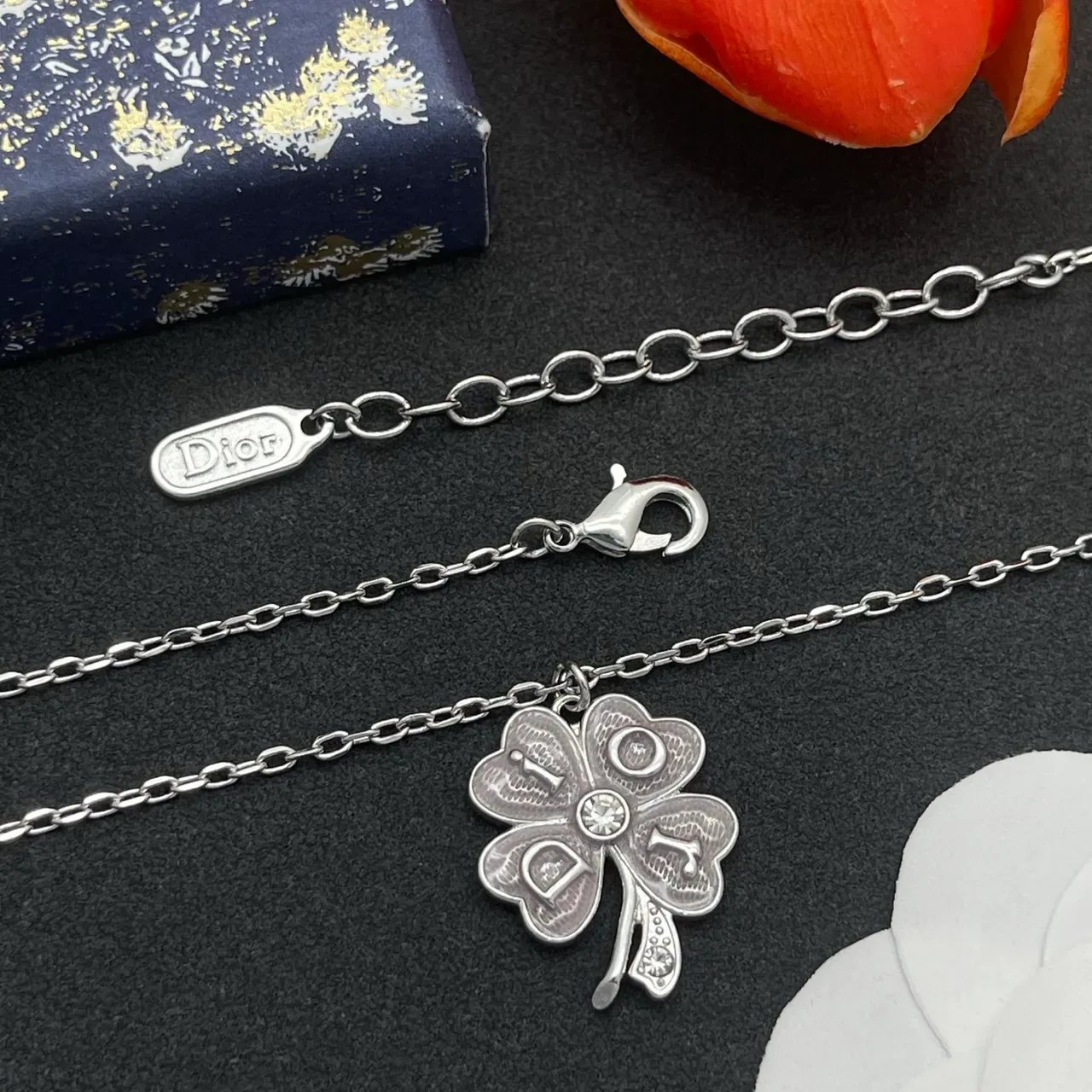 Silver Chain Four-Leaf Clover Enamel Pendant Necklace 4