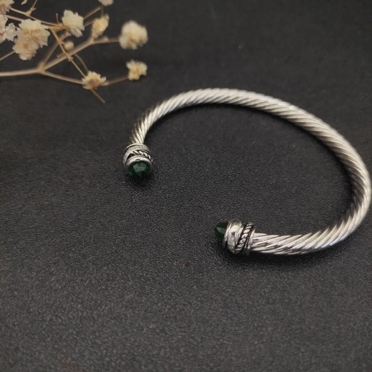 Silver Green Twisted Rope Cable Cuff-Style Bracelet 4