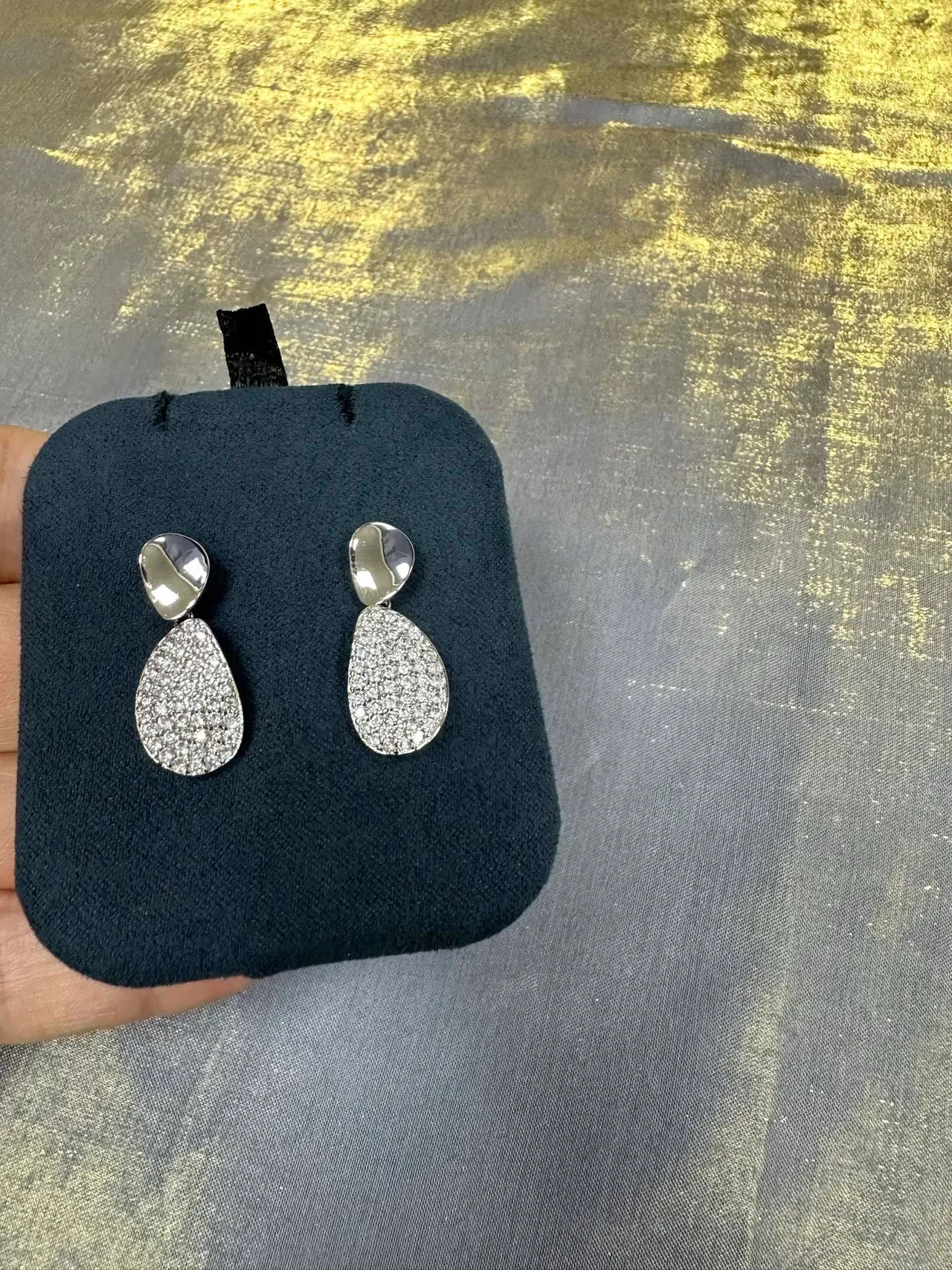 Silver Navy Pavé-Set Teardrop Dangle Two-Tier Drop Design Earrings 7