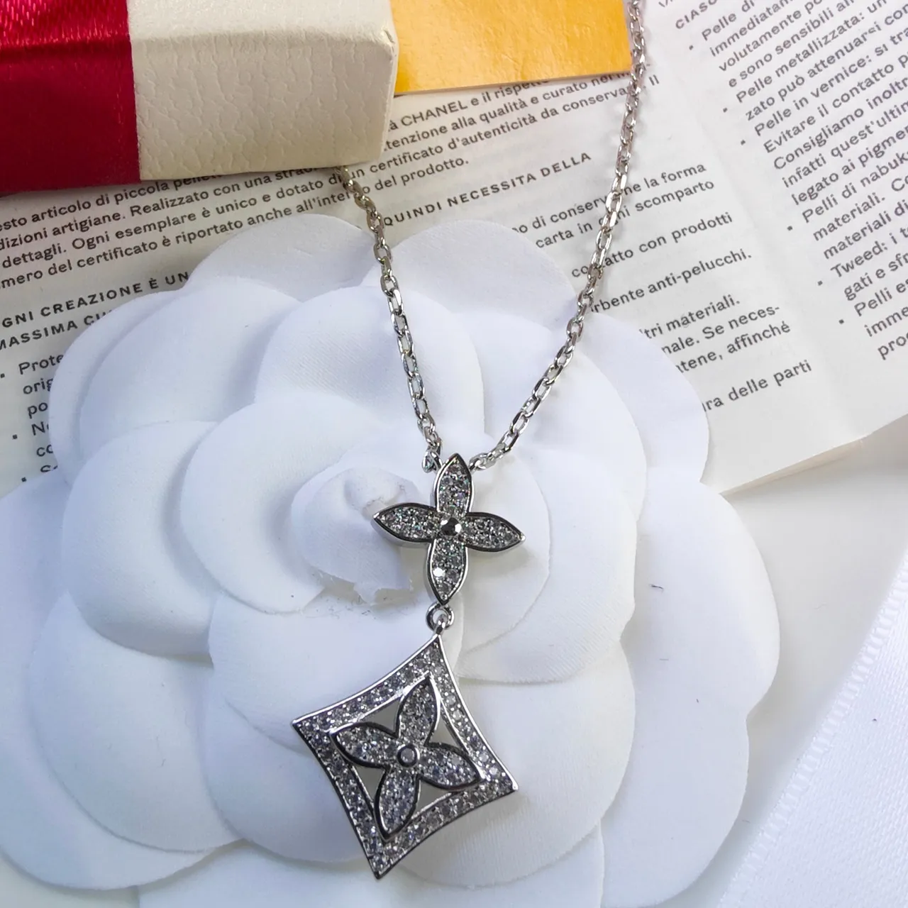 Silver Pavé-Set Floral Motif Diamond-Shaped Openwork Frame Necklace 2