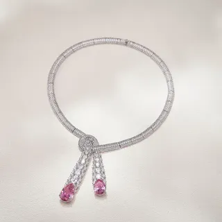 Collier Bande Argent Rose Diamants Pavés Double Pendule