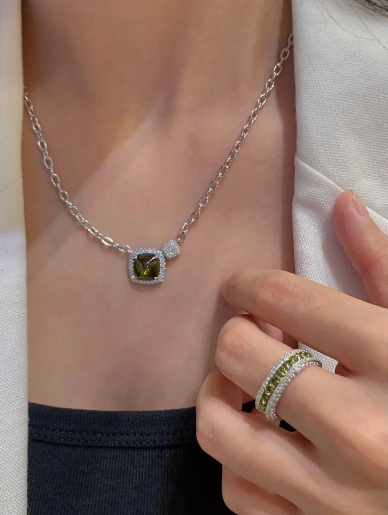 Silver-Tone Cushion-Cut Green Gemstone Halo Pendant Necklace 3