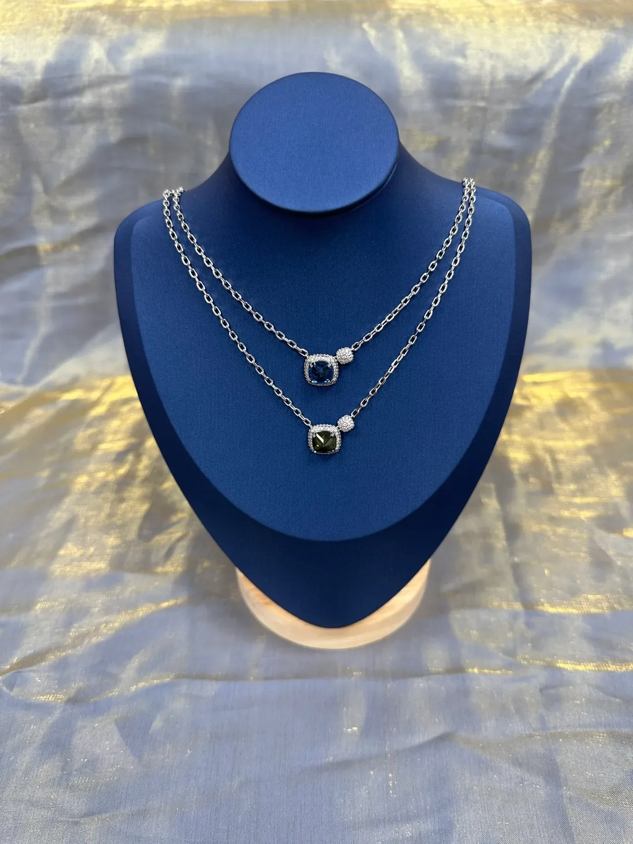 Silver-Tone Cushion-Cut Green Gemstone Halo Pendant Necklace 9