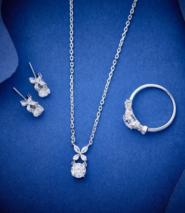 Silver-Tone Floral Crystal Pendant Necklace 3