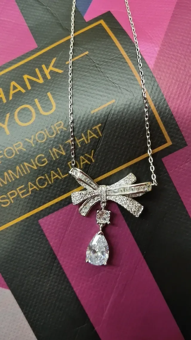 Silver Transparent Bow-Shaped Pendant Pave-Set Crystals Necklace 4