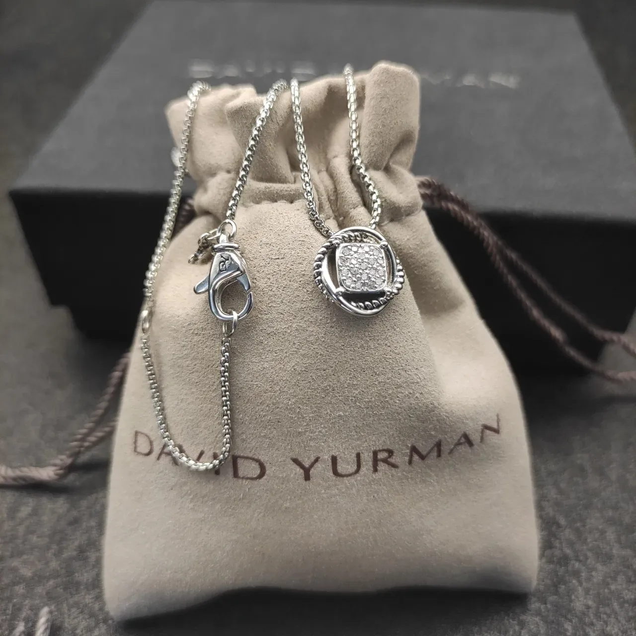 Silver White Pave-Set Square Pendant Twisted Rope Border Necklace 4