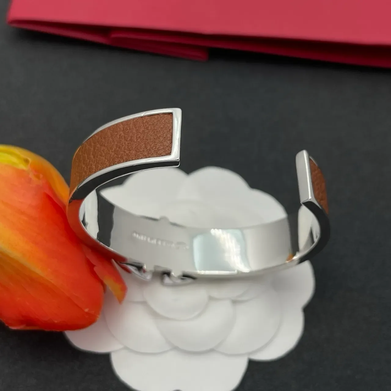 Tan Leather and Silver-Tone Logo Clasp Cuff Bracelet 4