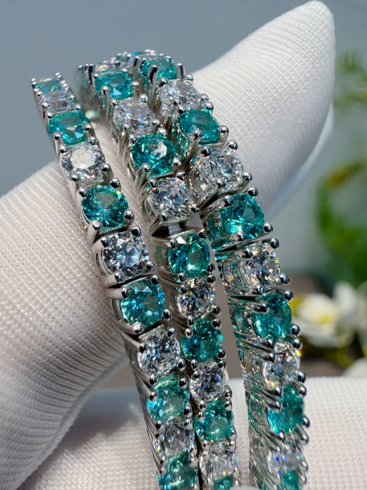 Teal and Clear Gemstone Alternating Eternity Bracelets 7