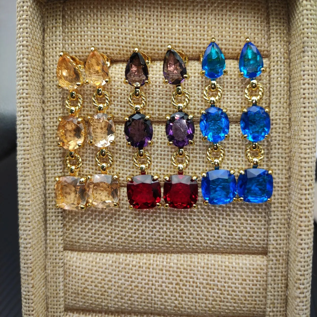 Three-Stone Purple and Red Gemstone Drop Earrings 2