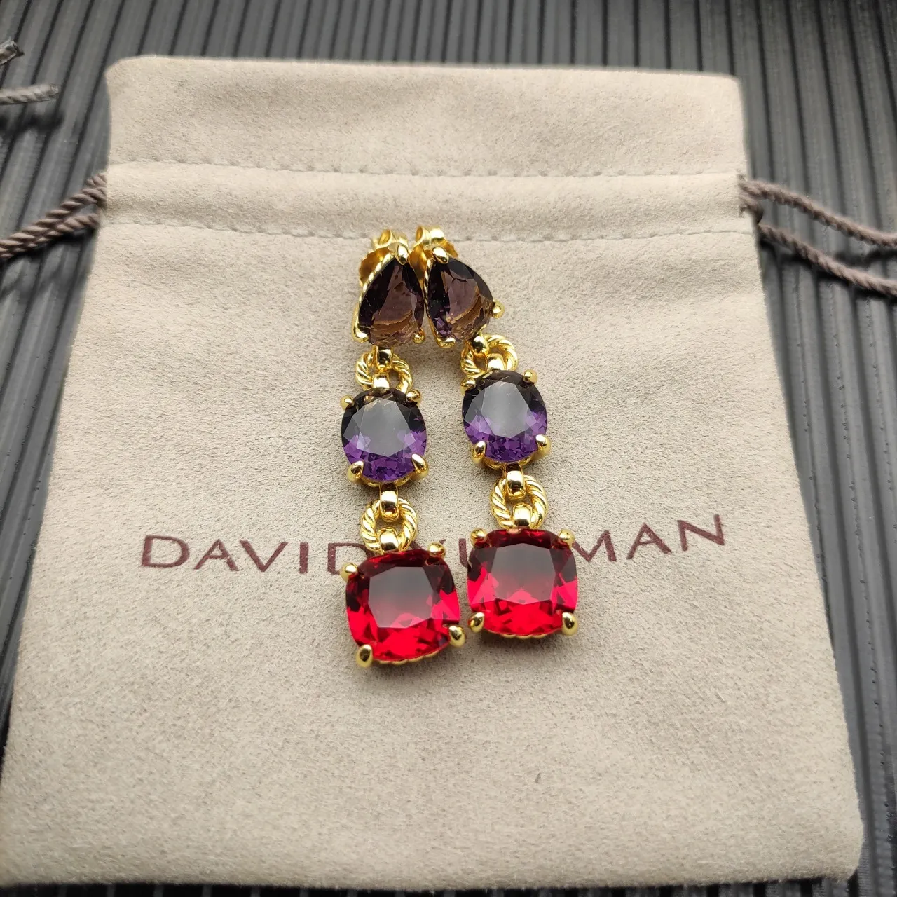 Three-Stone Purple and Red Gemstone Drop Earrings 8