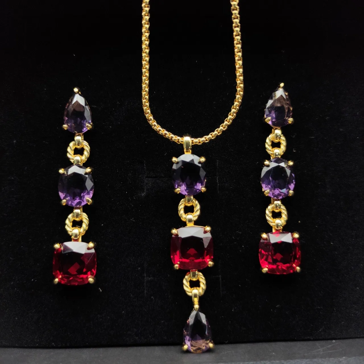 Three-Stone Purple and Red Gemstone Drop Earrings 9
