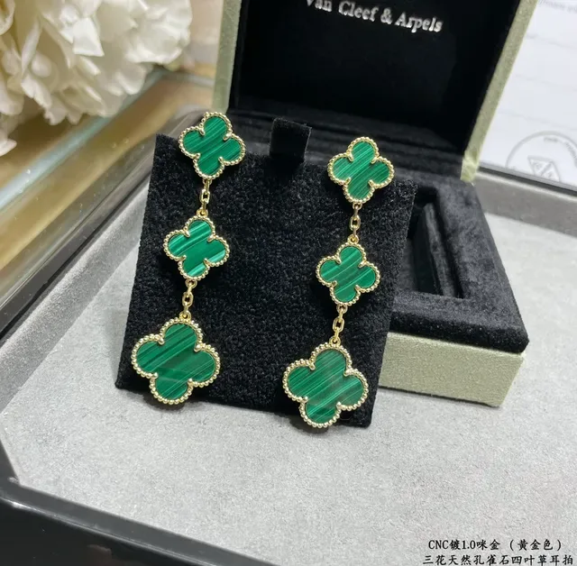 Boucles d'oreilles pendantes en forme de trèfle à trois niveaux en pierre de malachite dorée 8