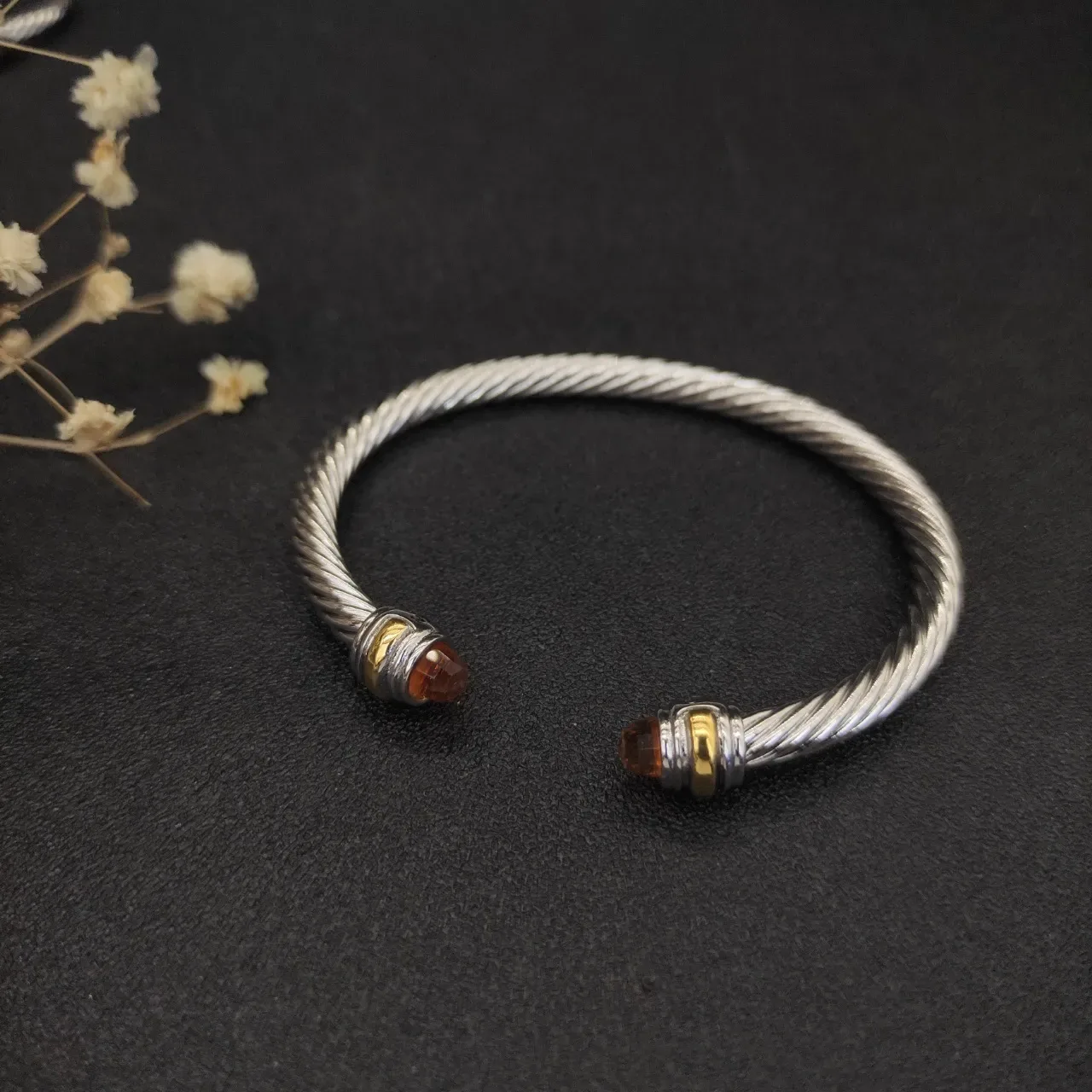 Twisted Cable Gemstone-Tipped Open Bangle Bracelet 9